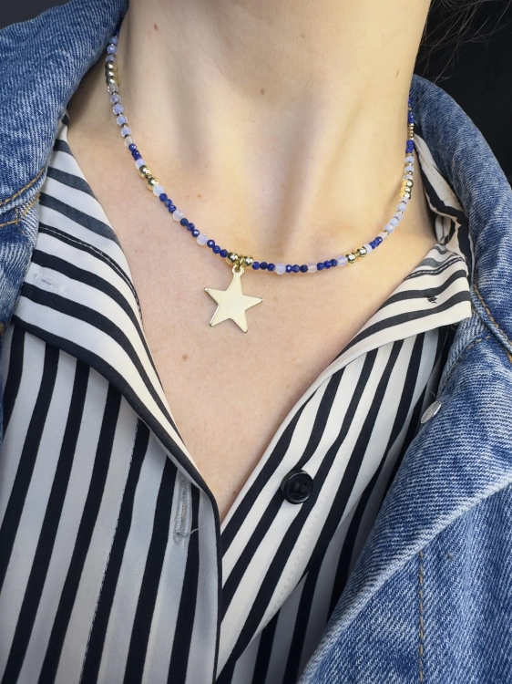 Naszyjnik HARMONIA z kamieniami opalu, lapis lazuli, hematytu i zawieszką gwiazdą