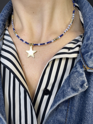 Naszyjnik HARMONIA z kamieniami opalu, lapis lazuli, hematytu i zawieszką gwiazdą