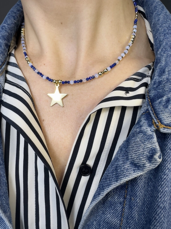 Naszyjnik HARMONIA z kamieniami opalu, lapis lazuli, hematytu i zawieszką gwiazdą