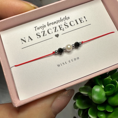 Bransoletka na SZCZĘŚCIE z perłą, spinelem i hematytem II czerwony sznurek