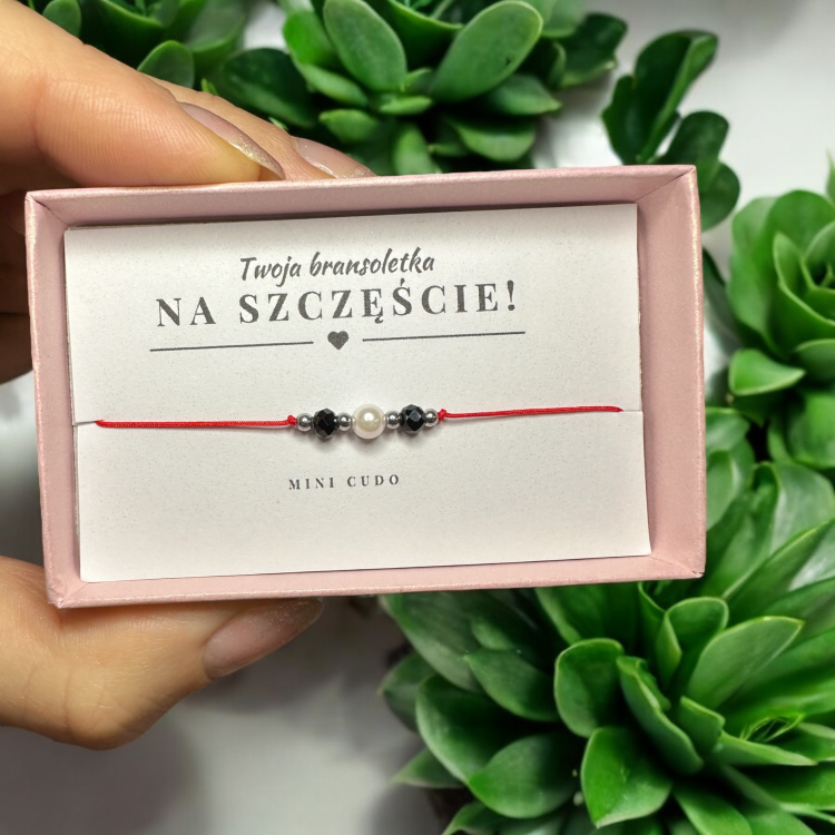 Bransoletka na SZCZĘŚCIE z perłą, spinelem i hematytem II czerwony sznurek