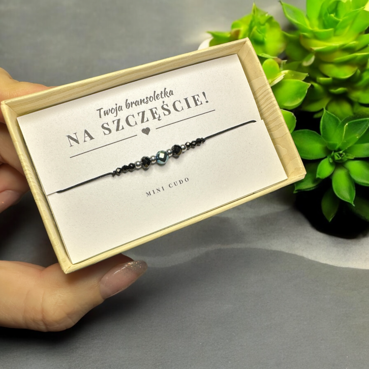 Bransoletka na SZCZĘŚCIE ze spinelem, czarnym turmalinem i hematytem II czarny sznurek