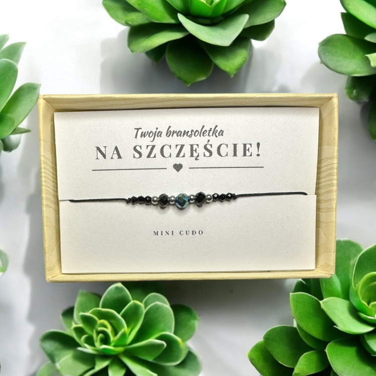 Bransoletka na SZCZĘŚCIE ze spinelem, czarnym turmalinem i hematytem II czarny sznurek