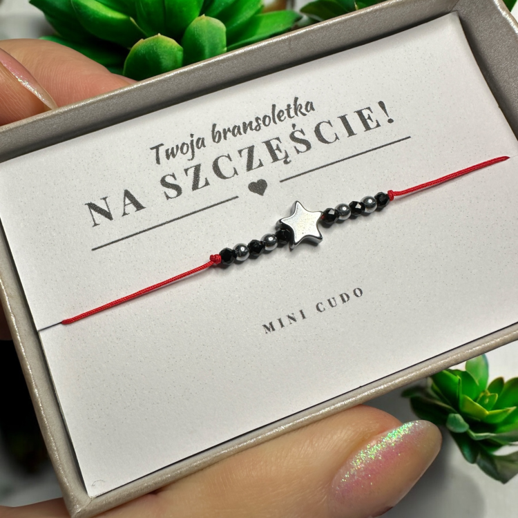 Bransoletka na SZCZĘŚCIE z czarnym turmalinem i gwiazdką z hematytu II czerwony sznurek