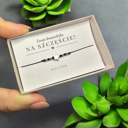 Bransoletka na SZCZĘŚCIE z czarnym turmalinem i gwiazdką z hematytu II czarny sznurek