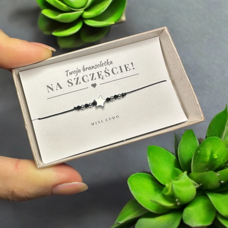 Bransoletka na SZCZĘŚCIE z czarnym turmalinem i gwiazdką z hematytu II czarny sznurek