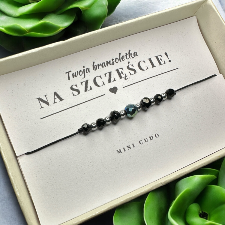 Bransoletka na SZCZĘŚCIE ze spinelem, czarnym turmalinem i hematytem I czarny sznurek