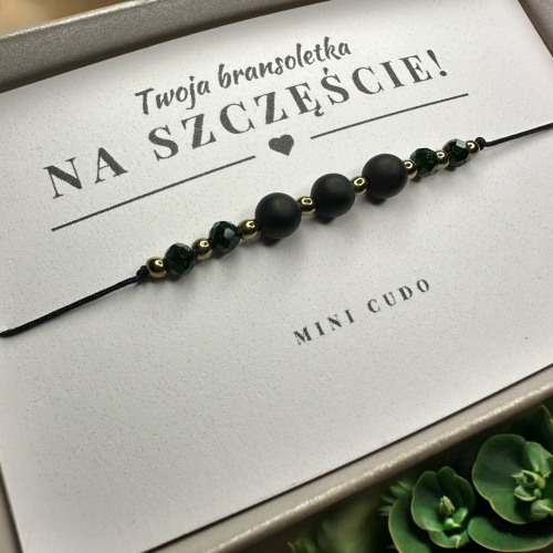 Bransoletka na SZCZĘŚCIE z matowym onyksem, szmaragdem Nilu i hematytem II czarny sznurek