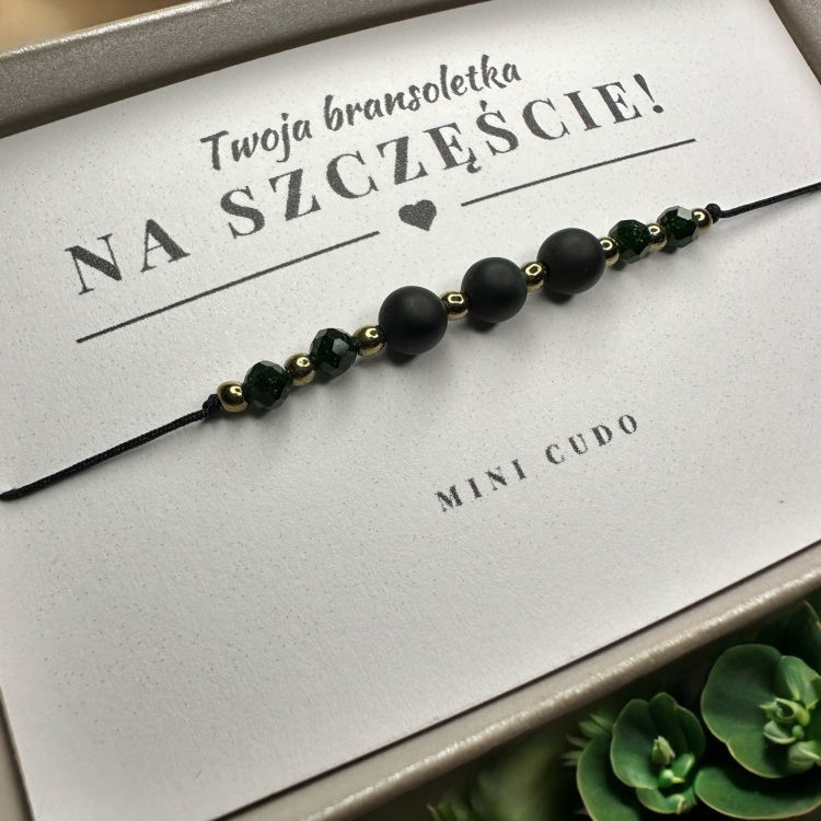 Bransoletka na SZCZĘŚCIE z matowym onyksem, szmaragdem Nilu i hematytem II czarny sznurek