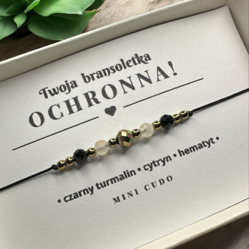 Bransoletka OCHRONNA z czarnym turmalinem, cytrynem i hematytem II czarny sznurek