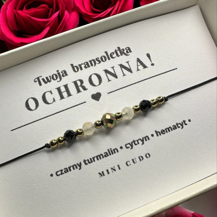 Bransoletka OCHRONNA z czarnym turmalinem, cytrynem i hematytem II czarny sznurek