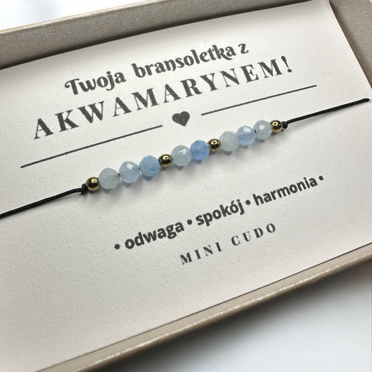 BRANSOLETKA SZCZĘŚCIA z akwamarynem i hematytem I czarny sznurek