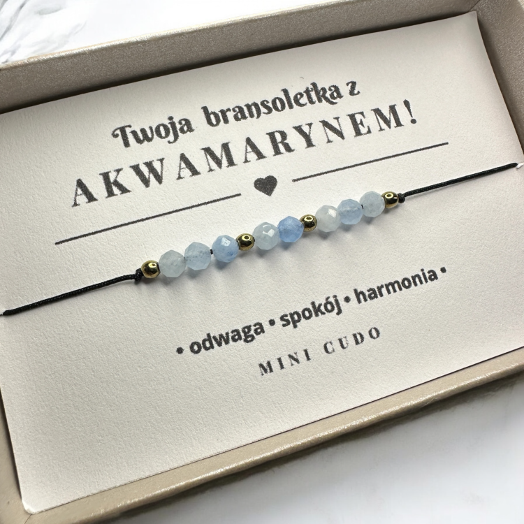 BRANSOLETKA SZCZĘŚCIA z akwamarynem i hematytem I czarny sznurek