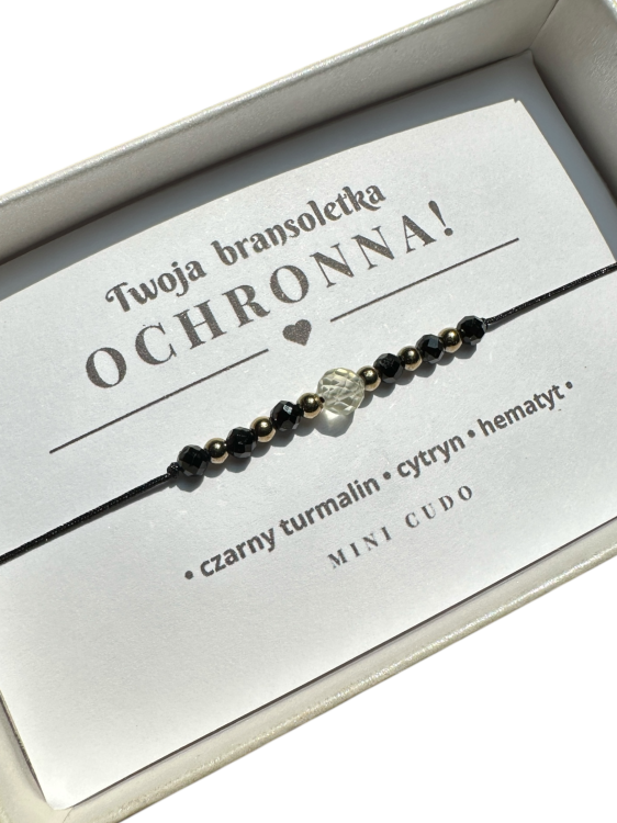 Bransoletka OCHRONNA z CYTRYNEM i czarnym turmalinem - czarny sznurek