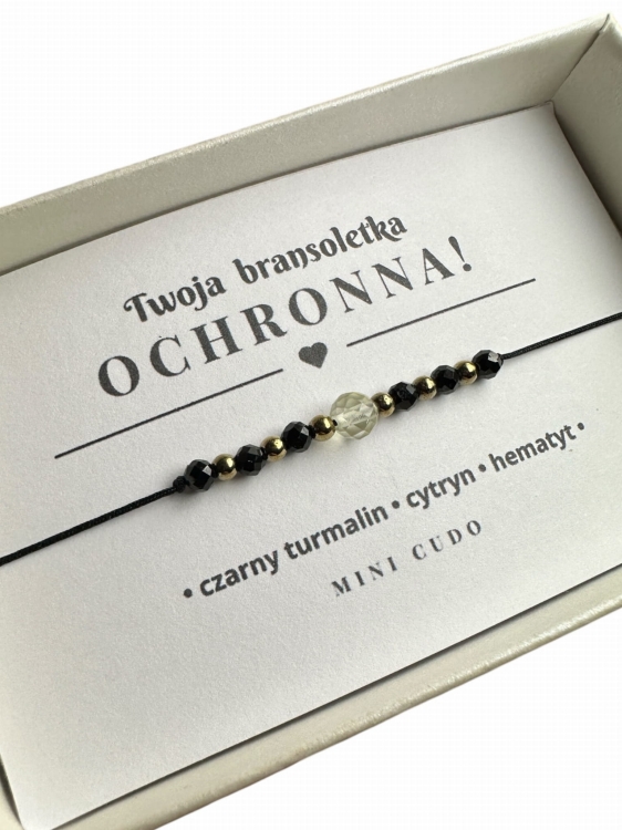 Bransoletka OCHRONNA z CYTRYNEM i czarnym turmalinem - czarny sznurek