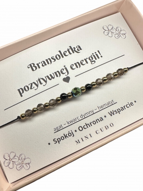 Bransoletka pozytywnej energii z kwarcem dymnym, agatem i hematytem I czarny sznurek