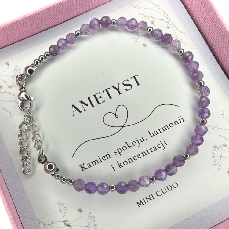 Bransoletka z kamieni  AMETYSTU i hematytu z klasycznym zapięciem