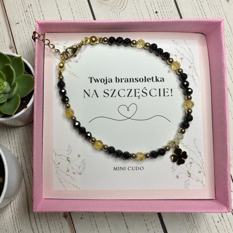 Bransoletka z kamieni naturalnych: czarny turmalin, cytryn i hematyt + zawieszka koniczynka