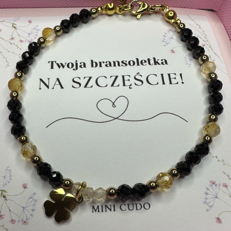 Bransoletka z kamieni naturalnych: czarny turmalin, cytryn i hematyt + zawieszka koniczynka