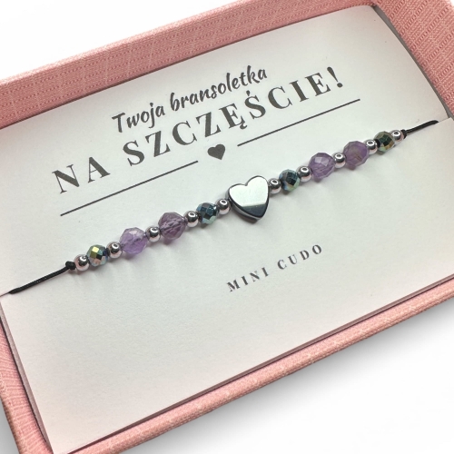 Bransoletka na SZCZĘŚCIE z grafitowym sercem i ametystem