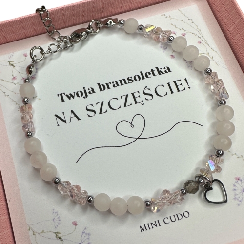 Bransoletka z kamieni naturalnych i kryształków: kwarc różowy i kwarc dymny