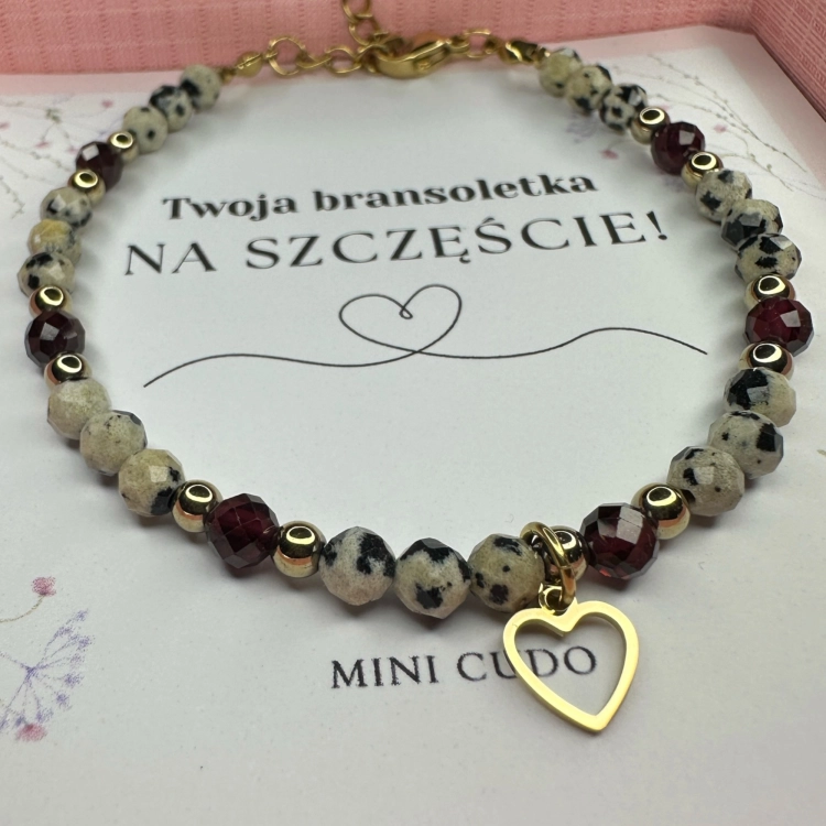 Bransoletka z kamieni naturalnych: jaspis dalmatyński, granat, hematyt + zawieszka złote serduszko